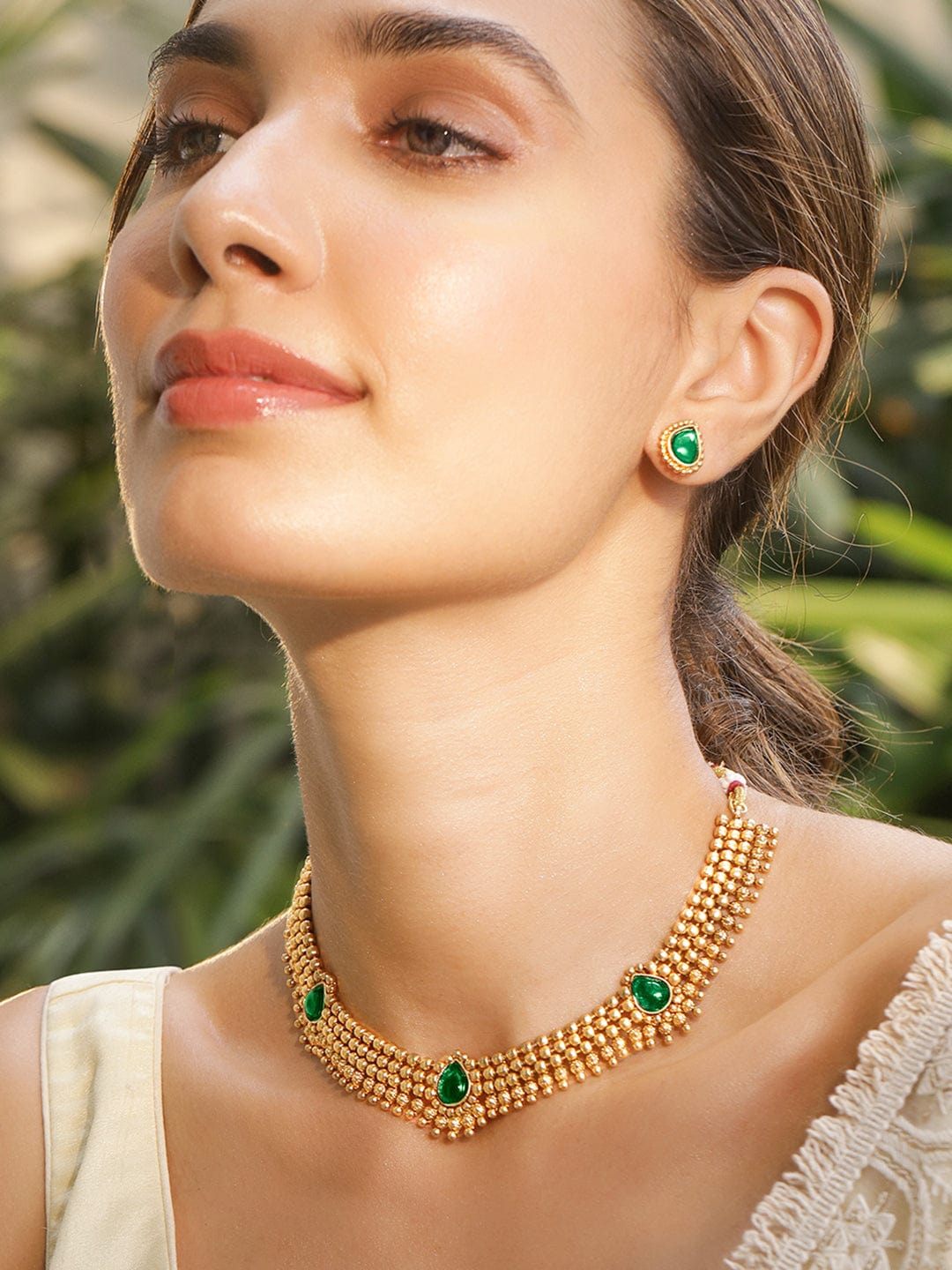 Green Studded Gold Necklace Set