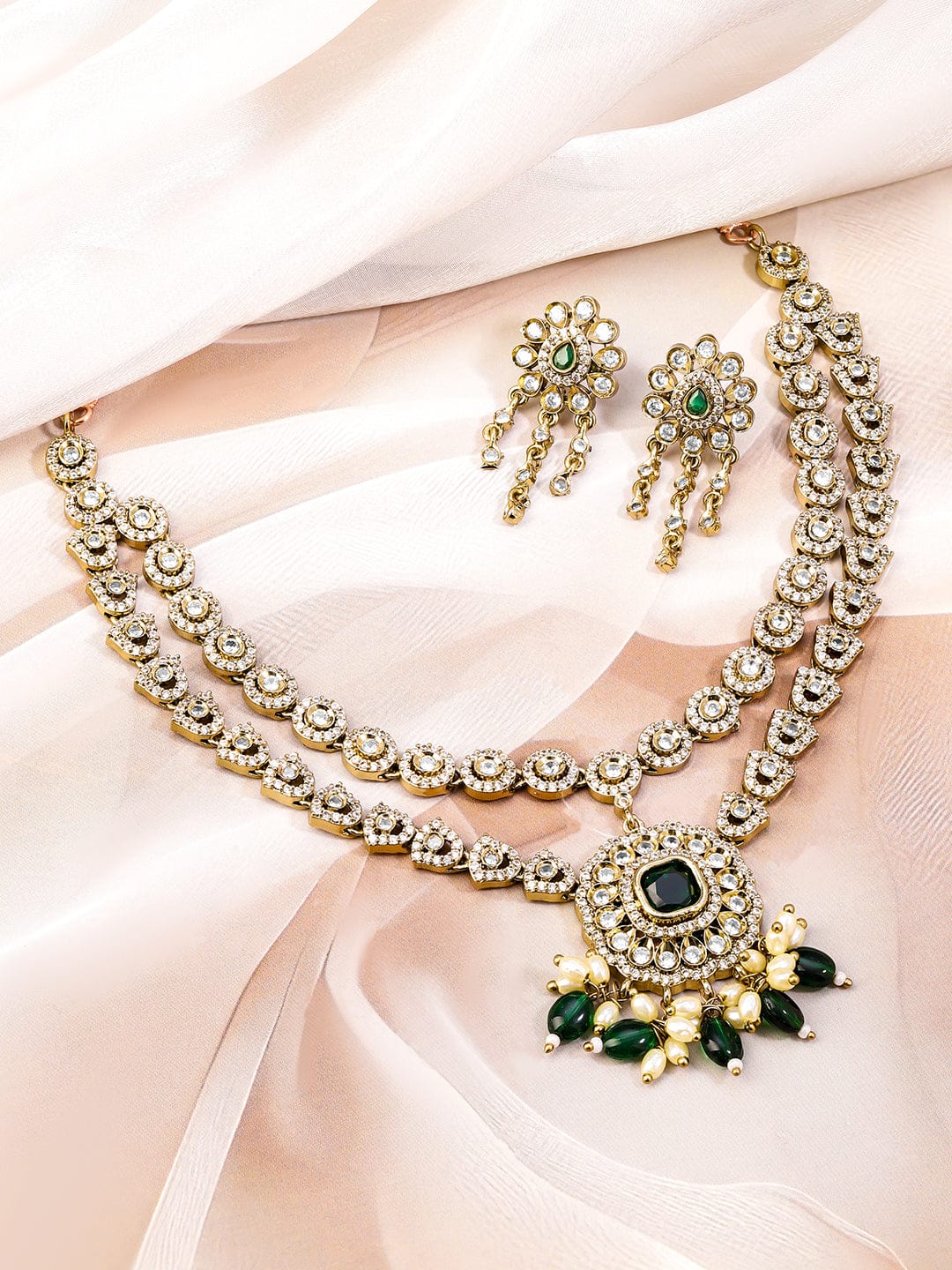 American Diamond Zirconia Green Beads Necklace Set