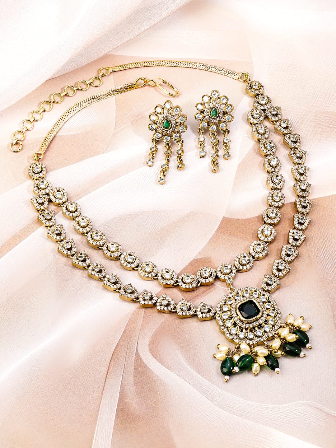 American Diamond Zirconia Green Beads Necklace Set