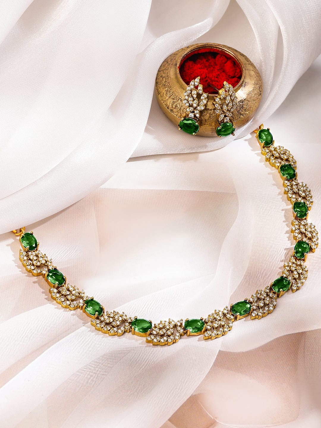 American Diamond Zirconia Emerald Gold necklace Set