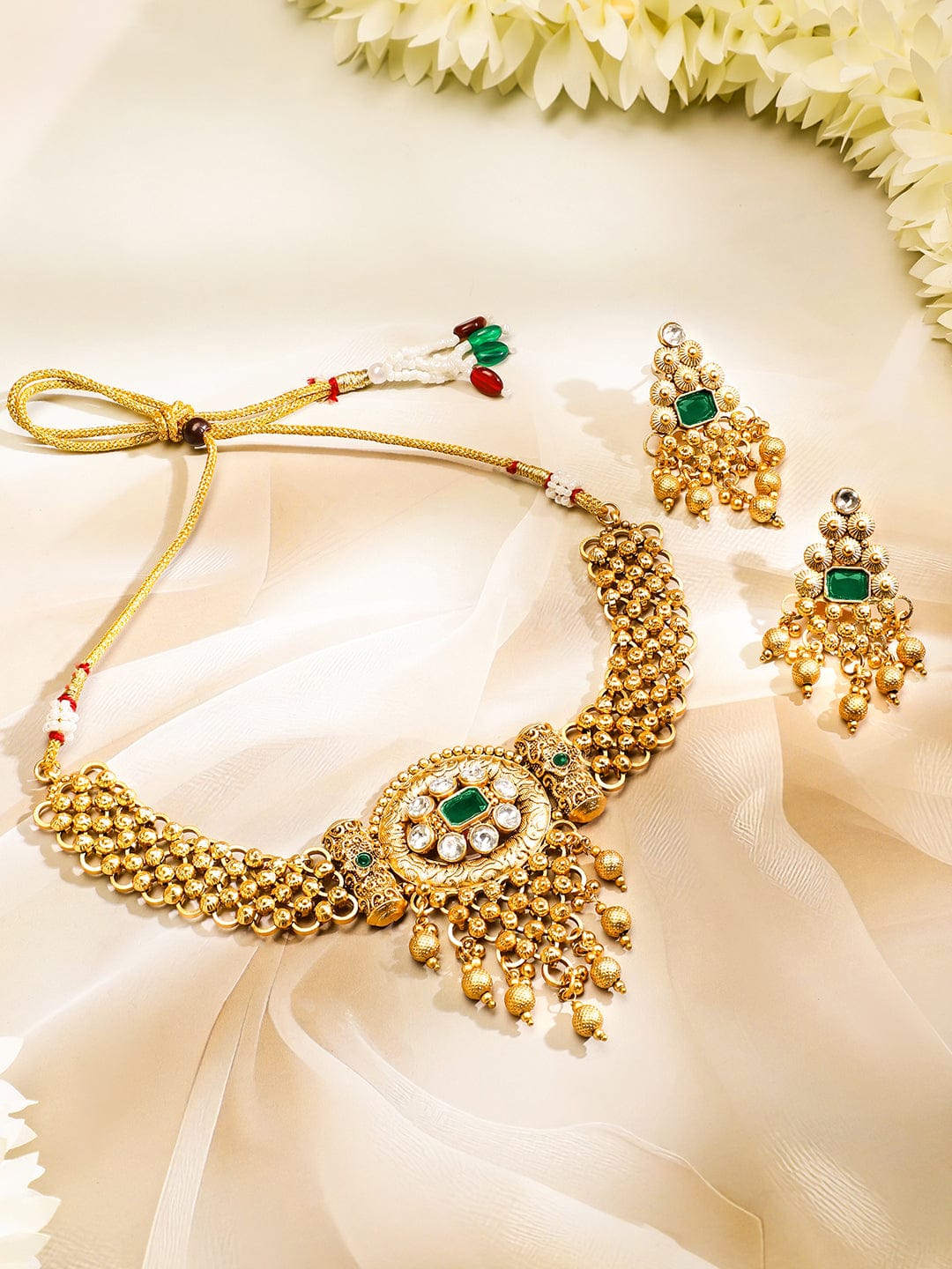 Green Studded Gold Drops Choker Set