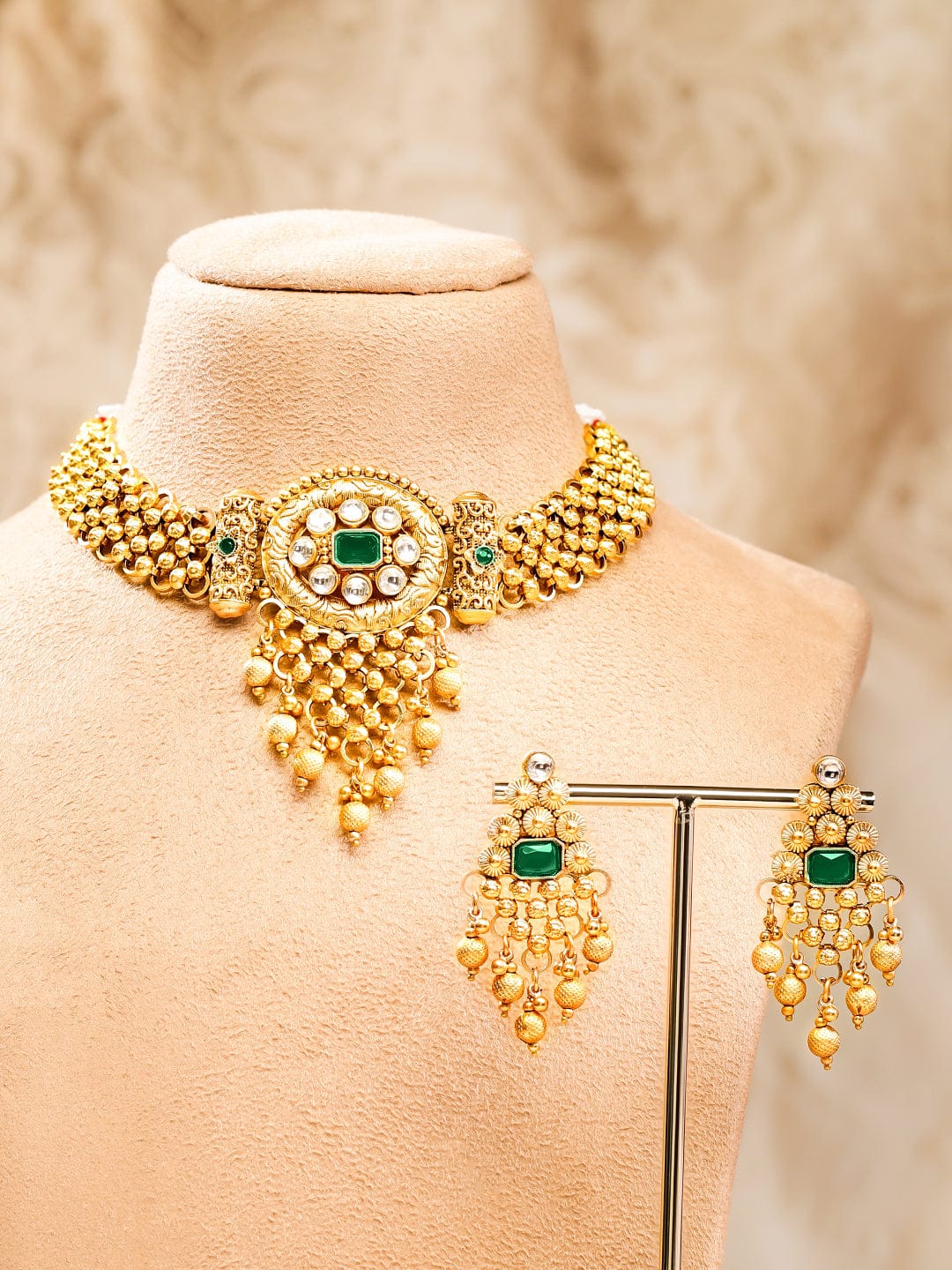 Green Studded Gold Drops Choker Set