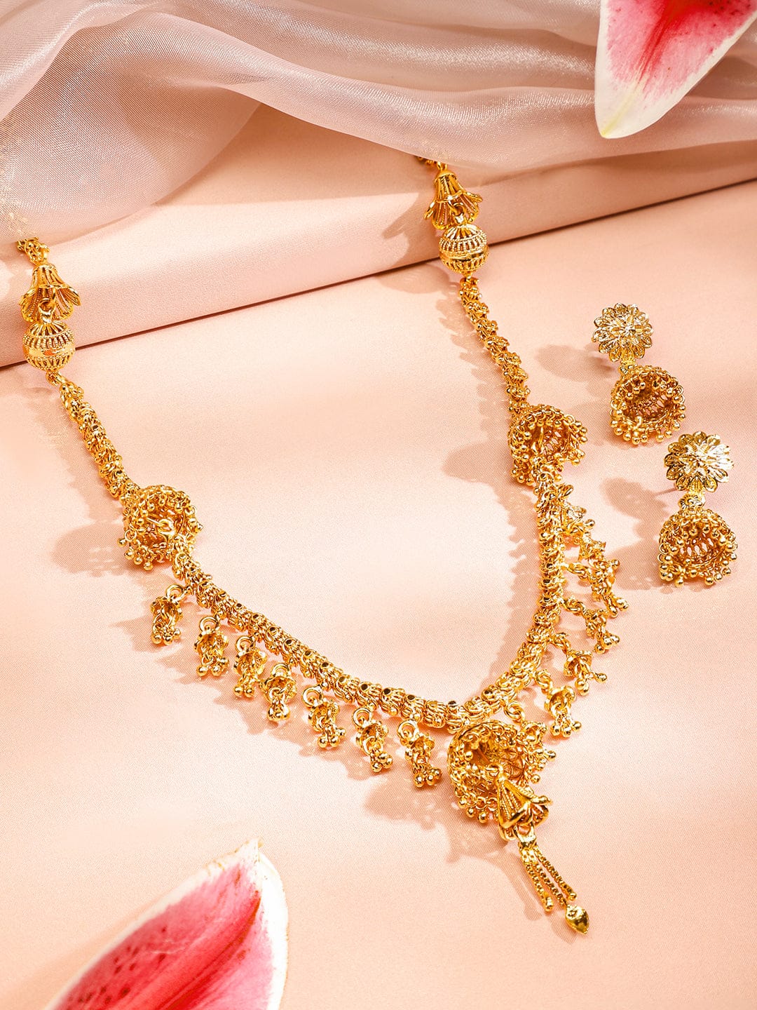 Long Gold Necklace Set with Drop Charms