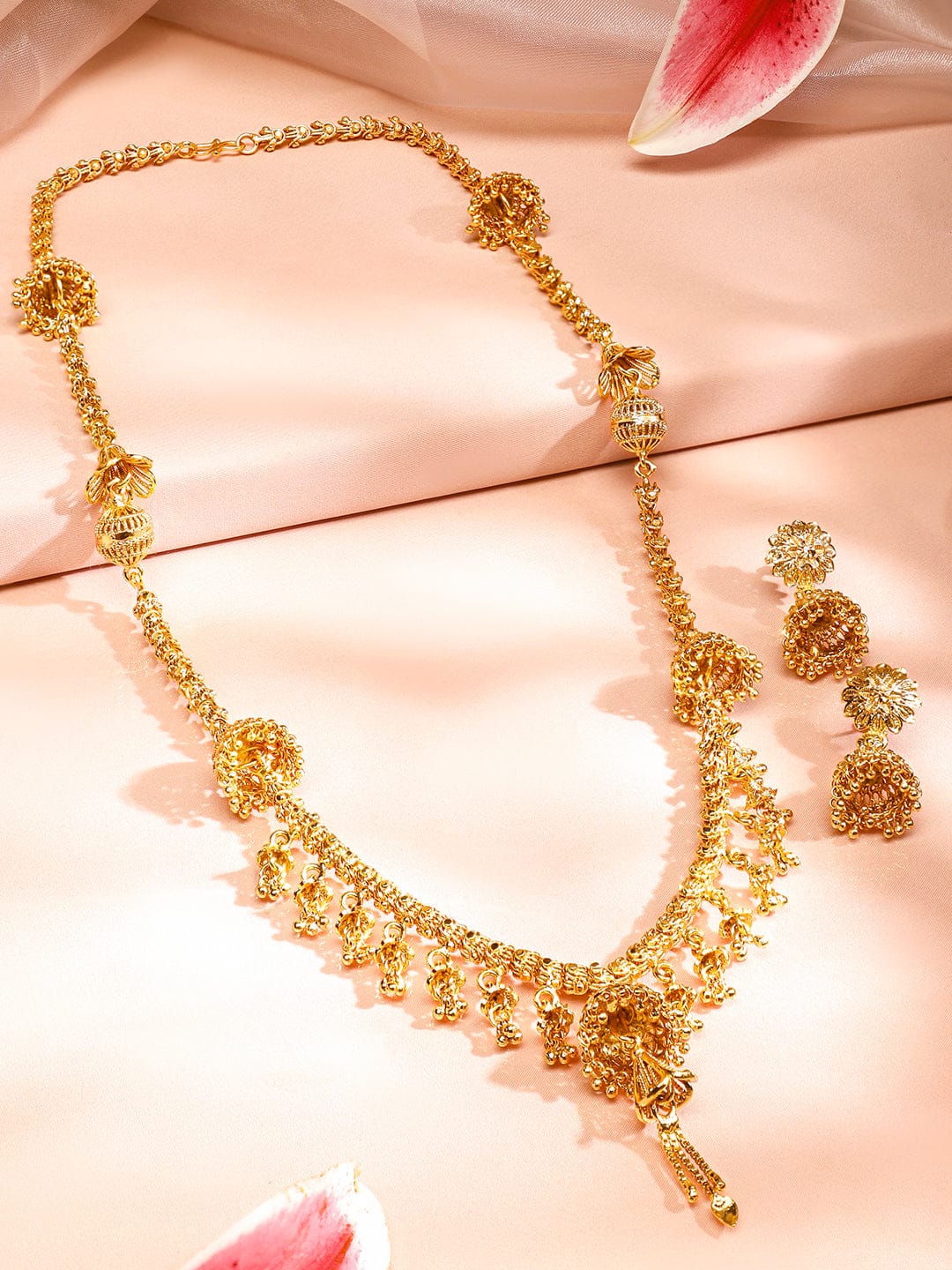 Long Gold Necklace Set with Drop Charms