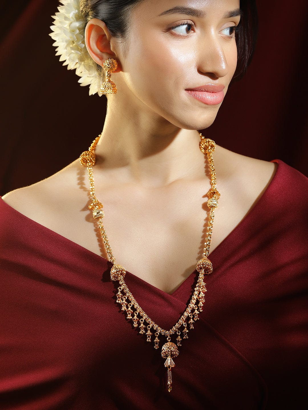 Long Gold Necklace Set with Drop Charms
