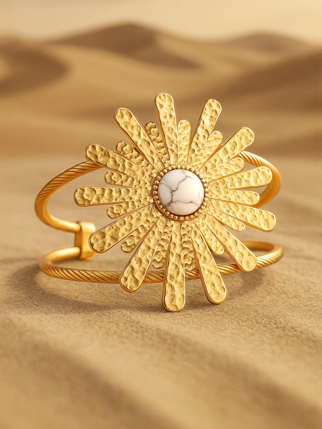 White Accented Floral Motif Gold Cuff Bracelet