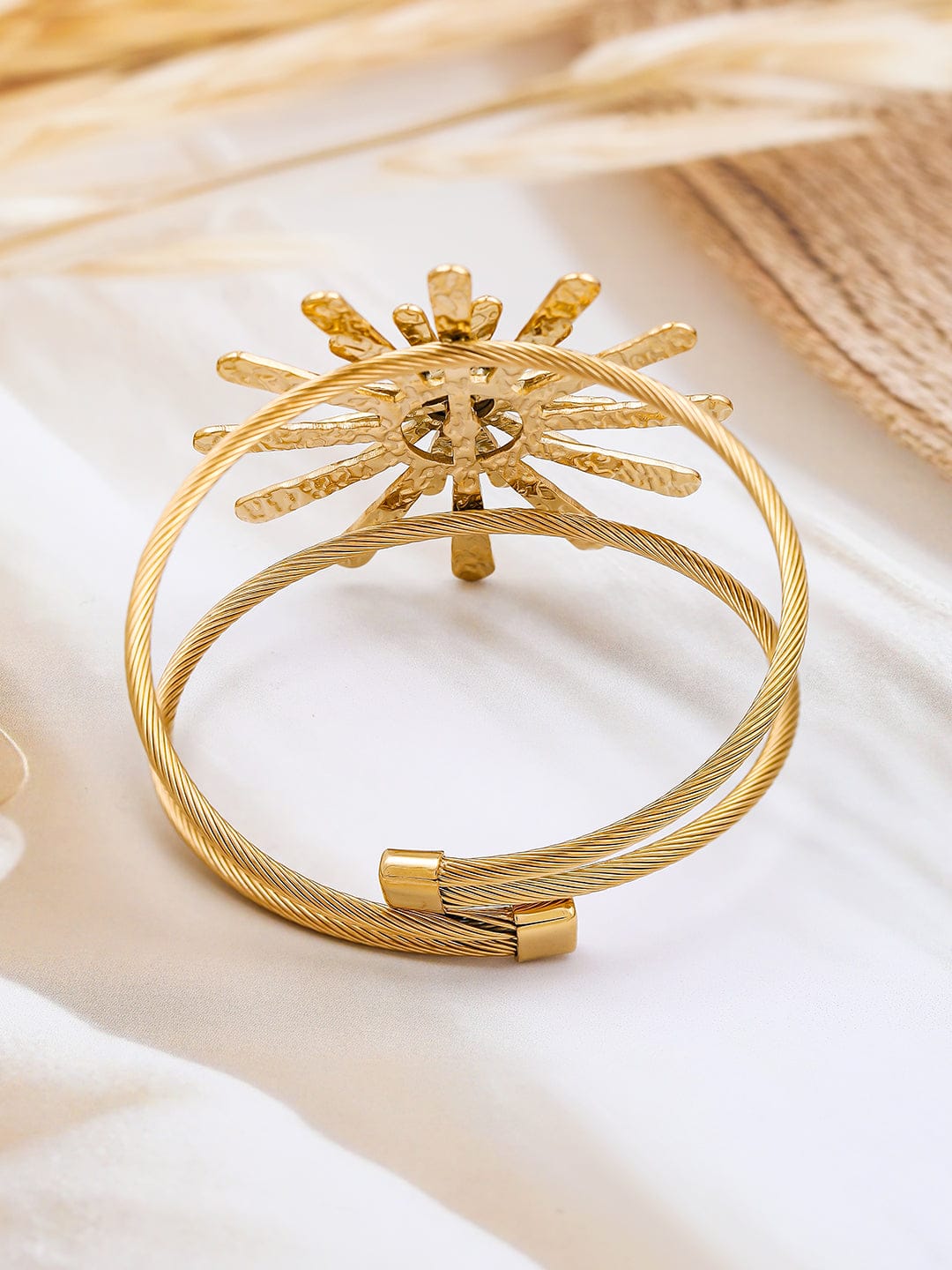 White Accented Floral Motif Gold Cuff Bracelet