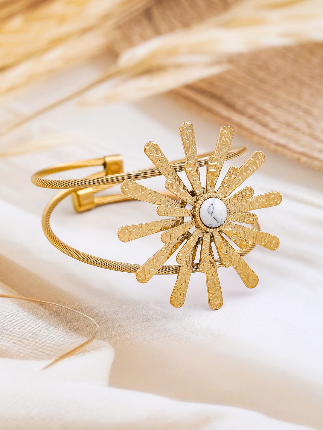 White Accented Floral Motif Gold Cuff Bracelet
