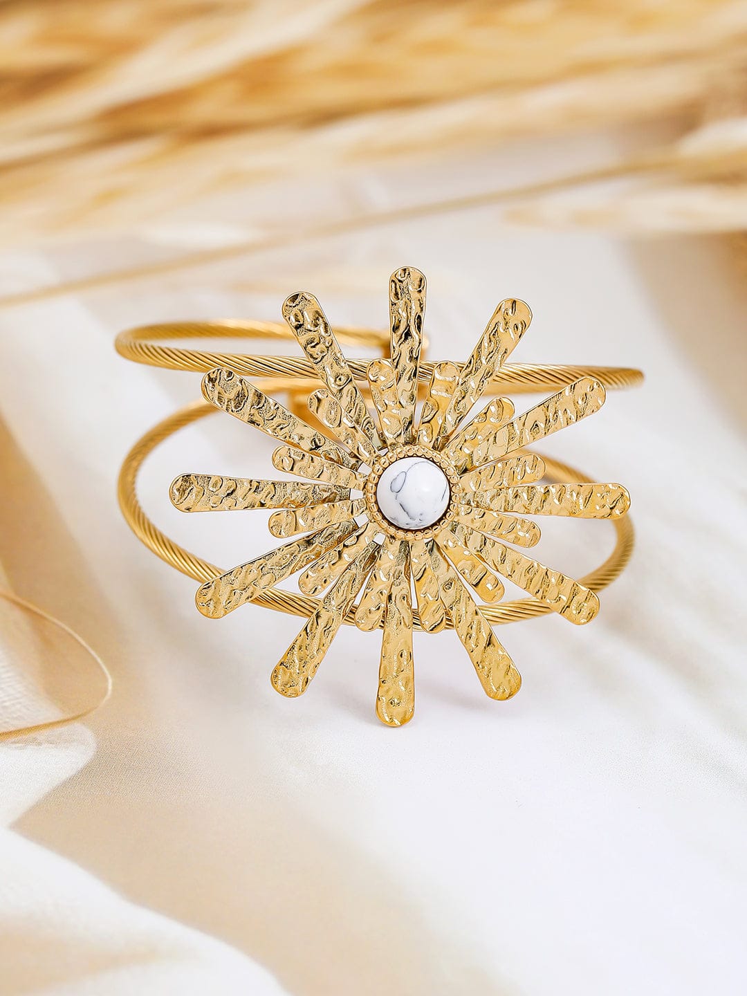 White Accented Floral Motif Gold Cuff Bracelet