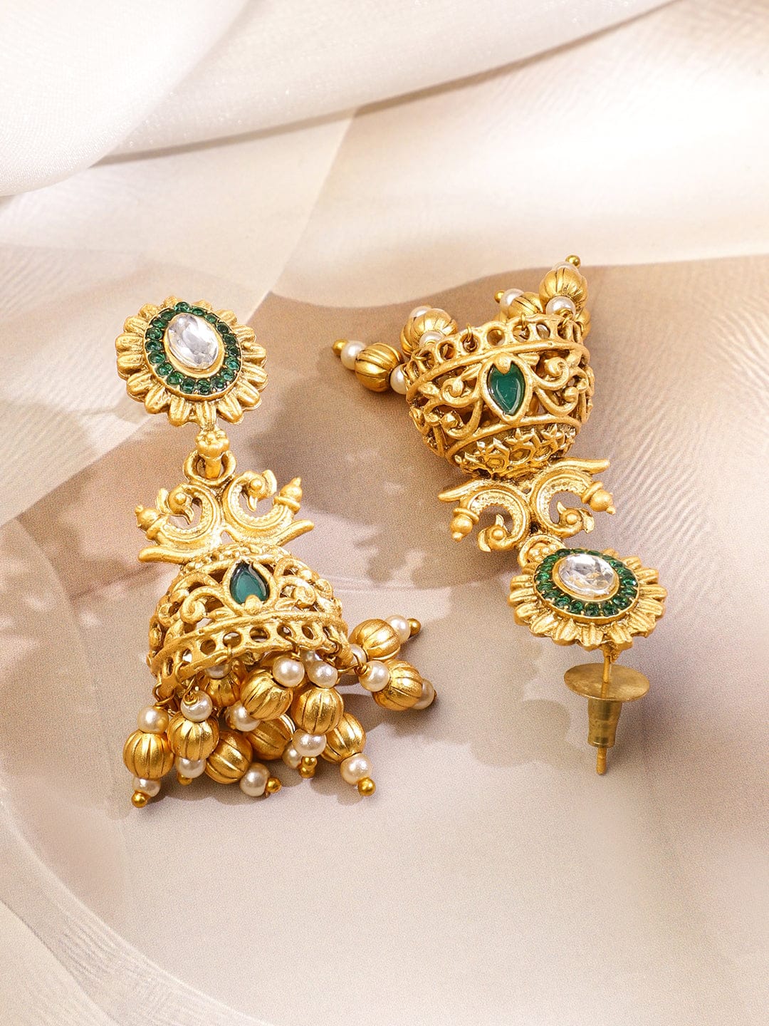 Green Studded Pearl Beaded Gold Necklace Set