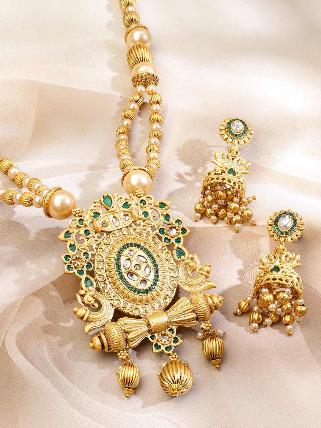 Green Studded Pearl Beaded Gold Necklace Set