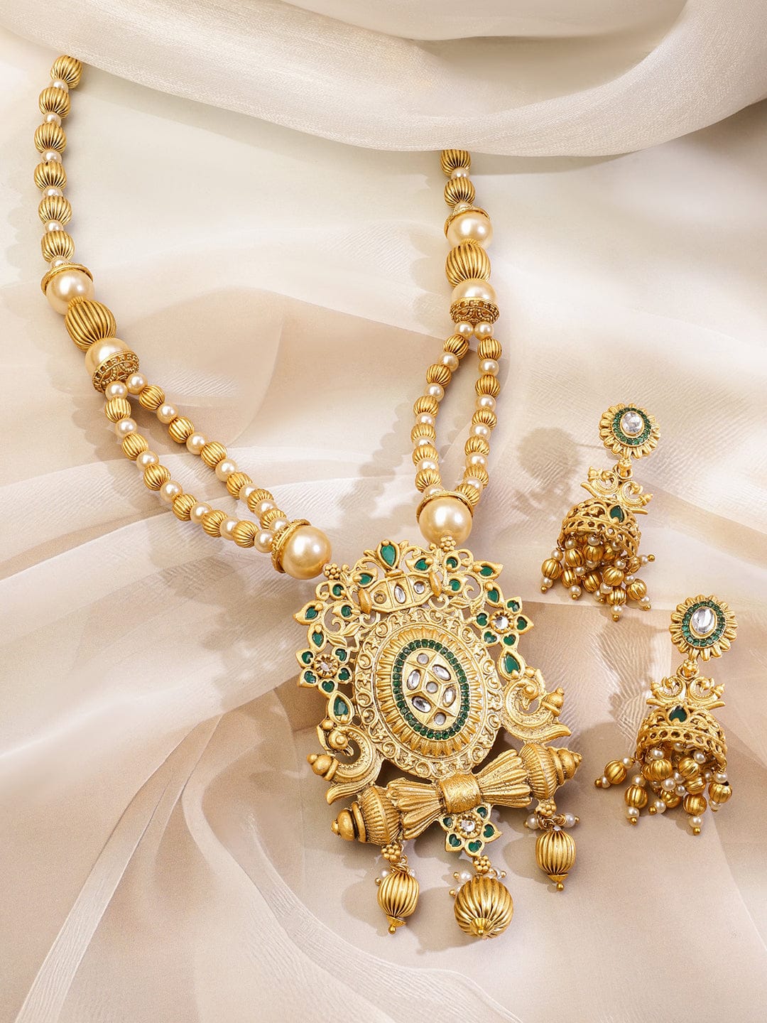 Green Studded Pearl Beaded Gold Necklace Set