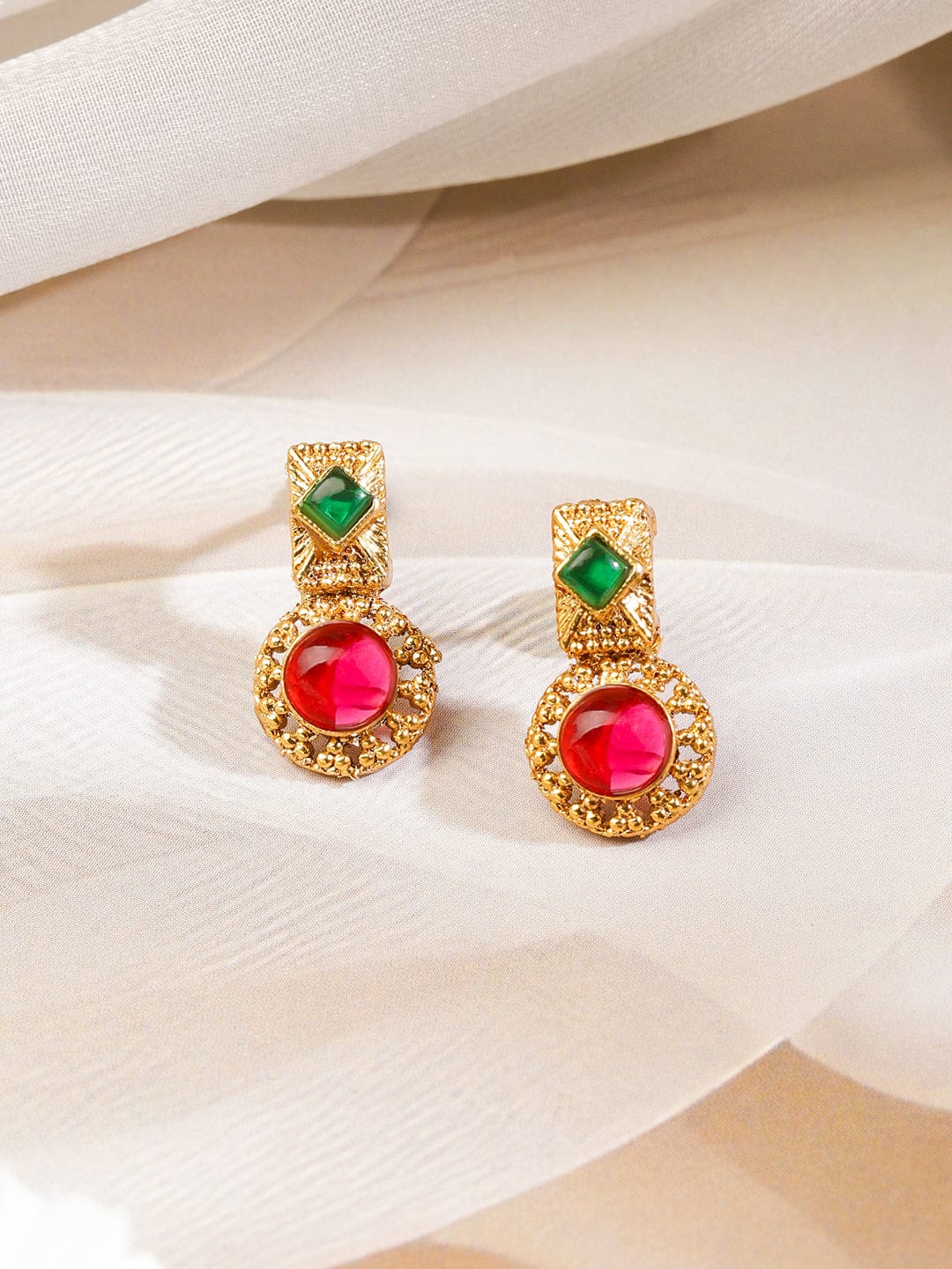 Green & Red Studded Golden Necklace Set