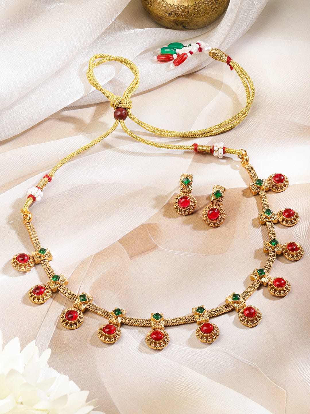 Green & Red Studded Golden Necklace Set