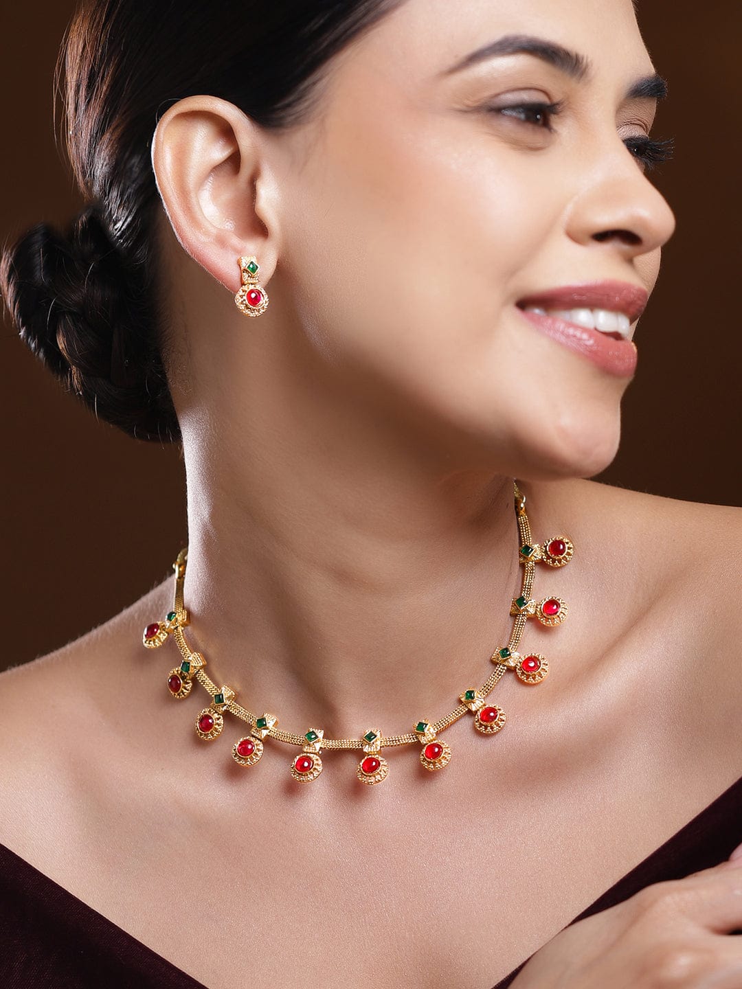 Green & Red Studded Golden Necklace Set