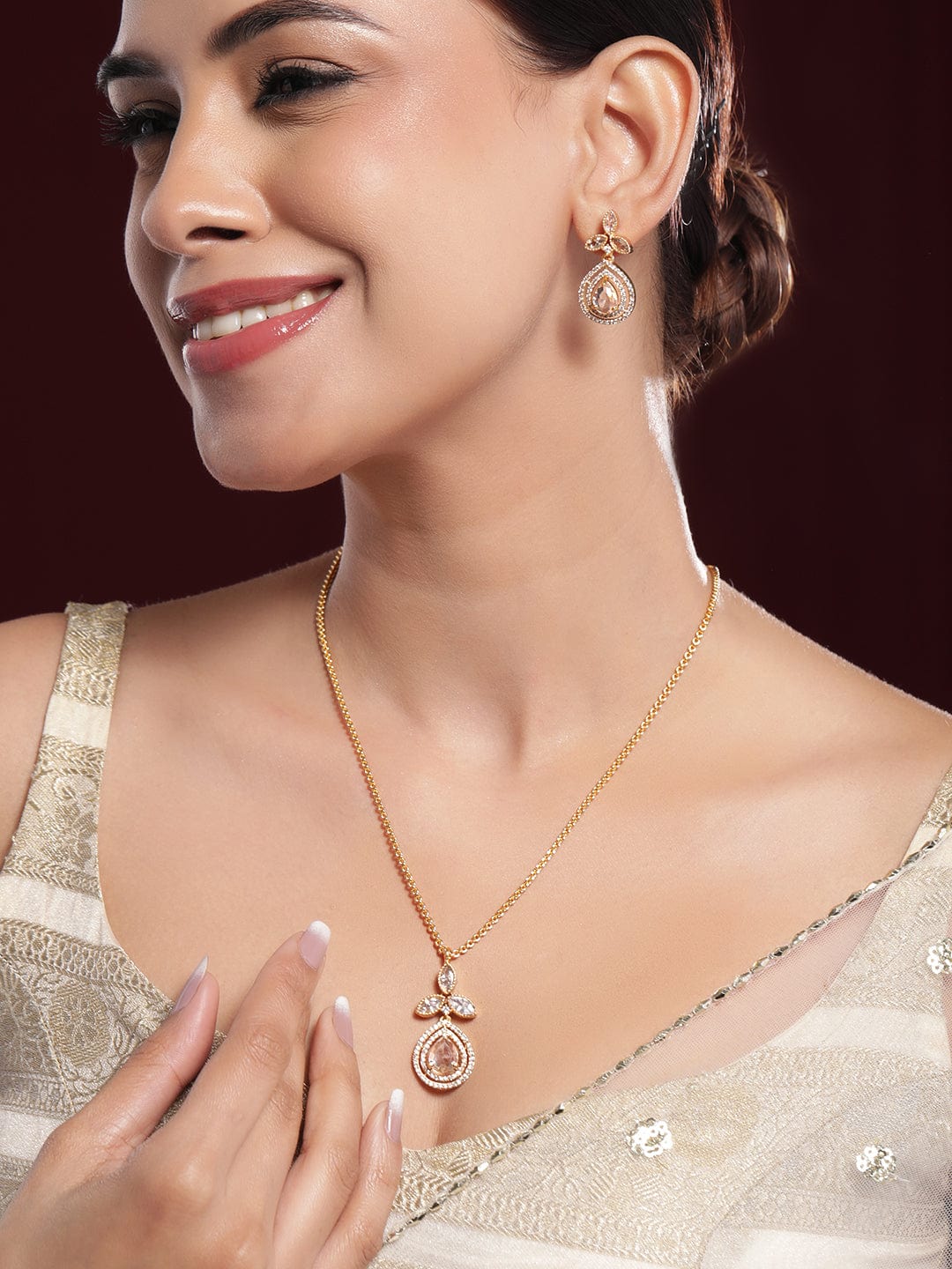Wentra 22K Gold-Plated Grey Stone and White Cubic Zirconia Studded Pendant Jewellery Set