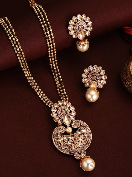 Wentra 22K Gold Plated Handcrafted Kundan Stone Pendant Set