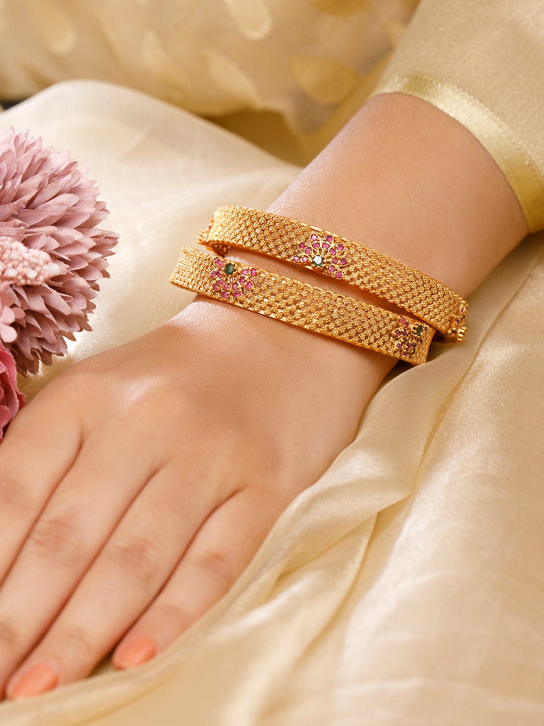 Wentra Set of 2 22K Gold Plated Ruby Pink & Emerald Green Stone Studded Bangles