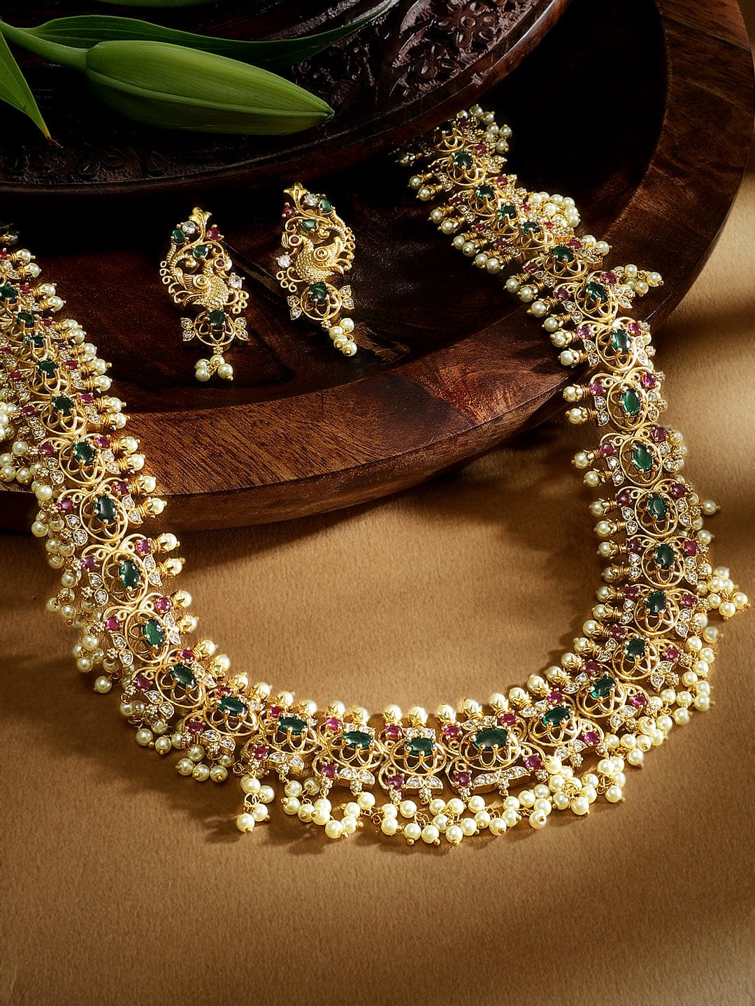 Pink & Green Studded Pearl Necklace Set