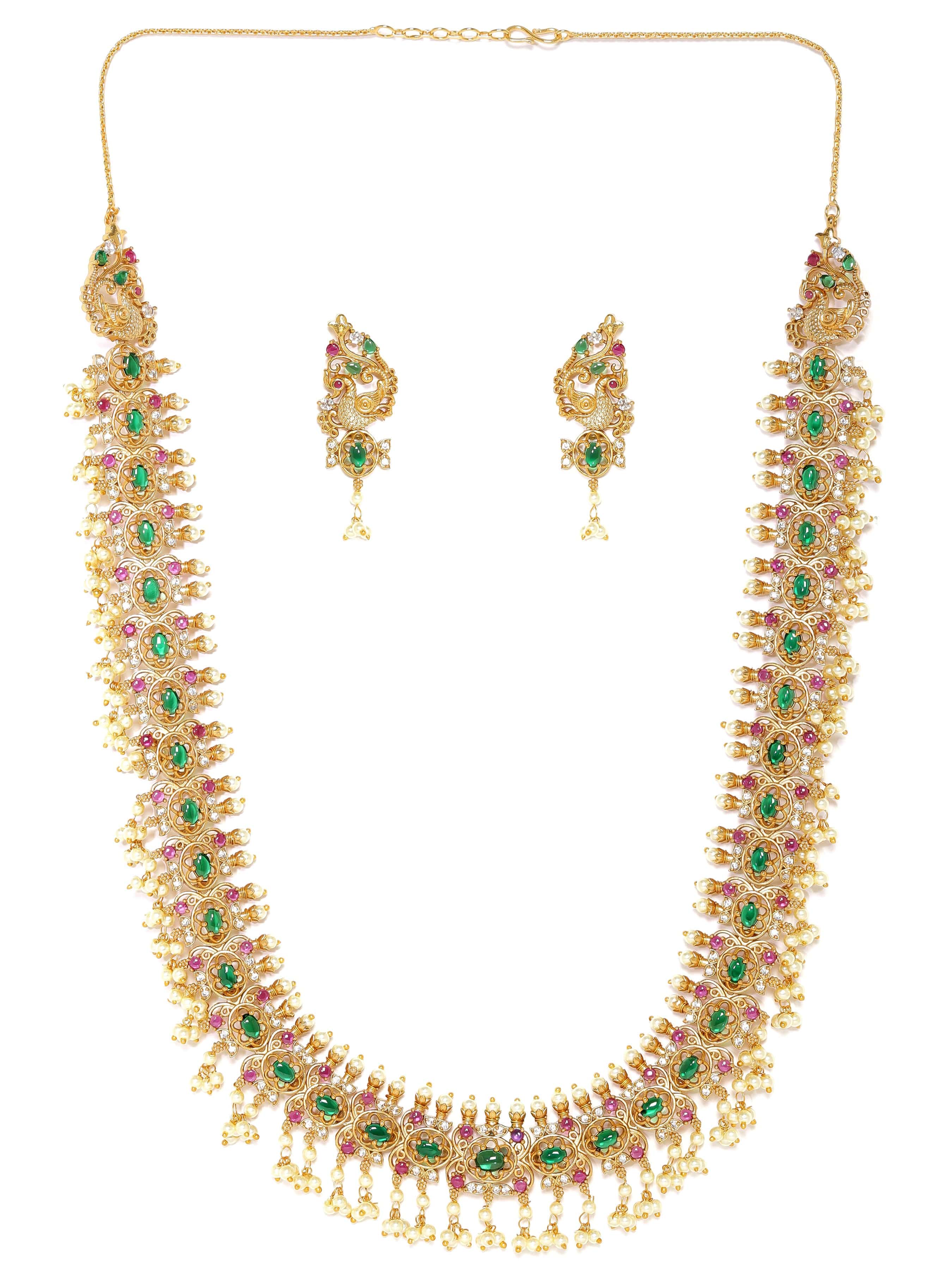 Pink & Green Studded Pearl Necklace Set