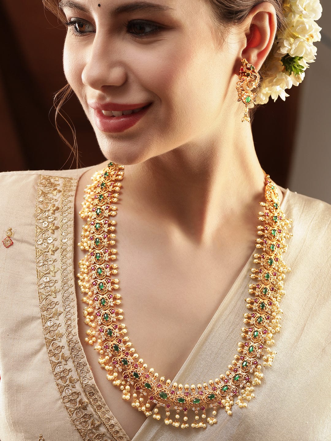 Pink & Green Studded Pearl Necklace Set