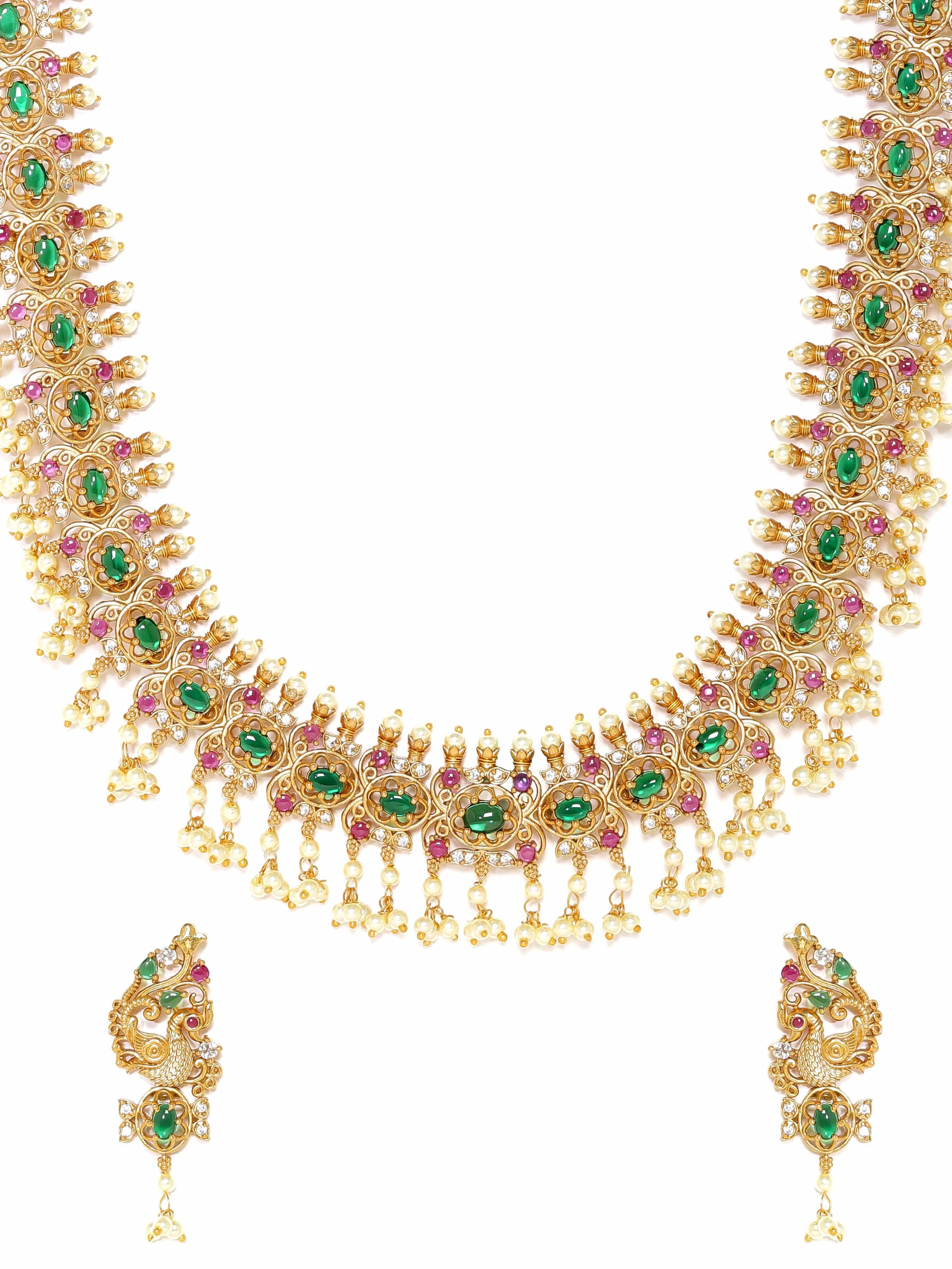 Pink & Green Studded Pearl Necklace Set