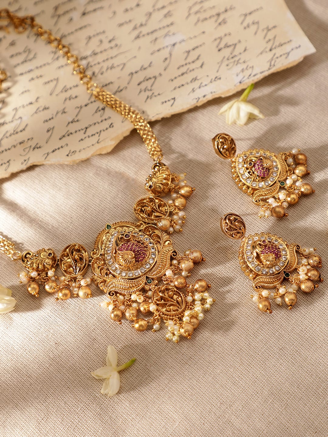 Gold Beads American Diamond Zirconia Necklace Set