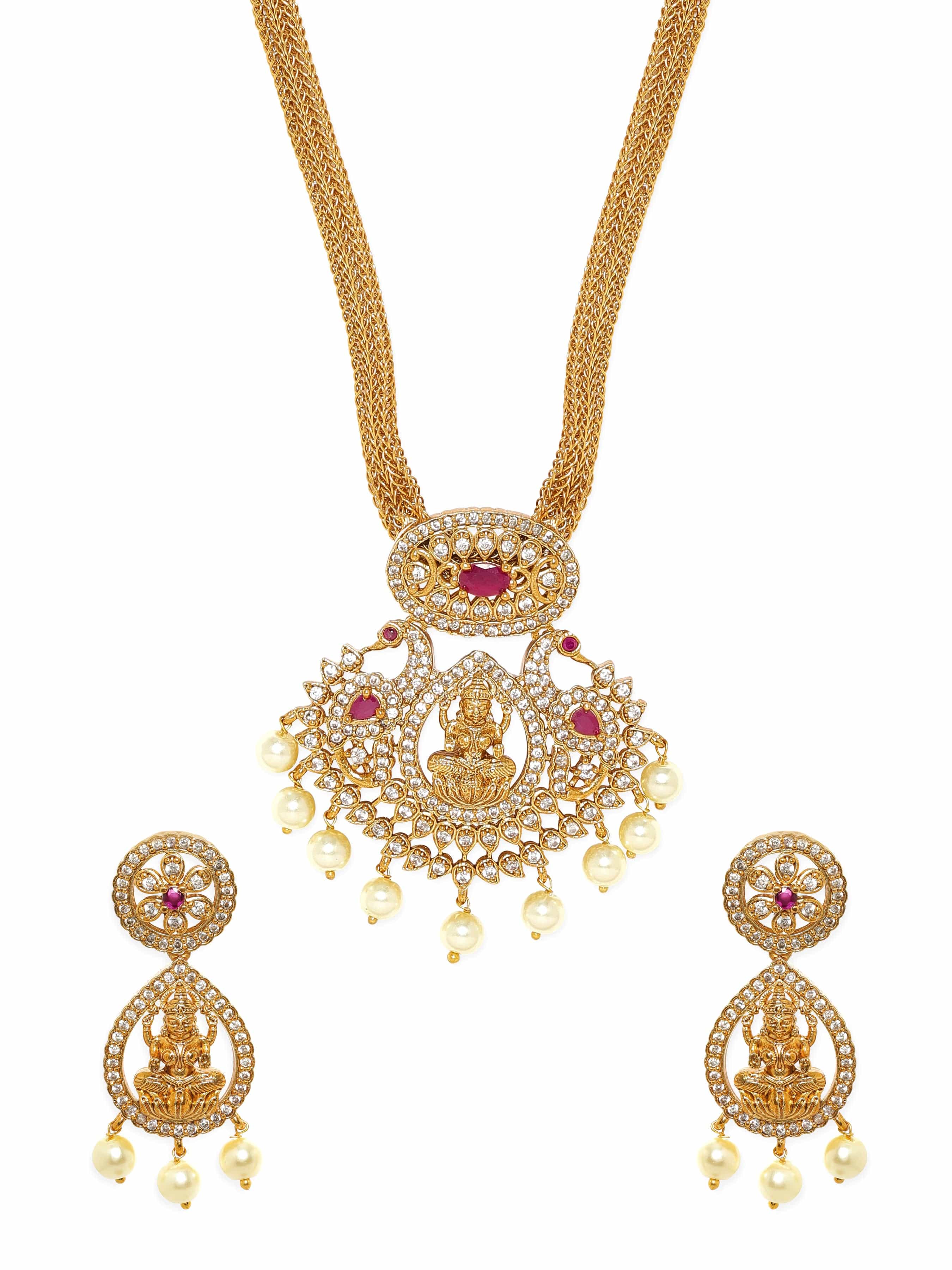Pearl Temple Necklace Set With American Diamond Zirconia