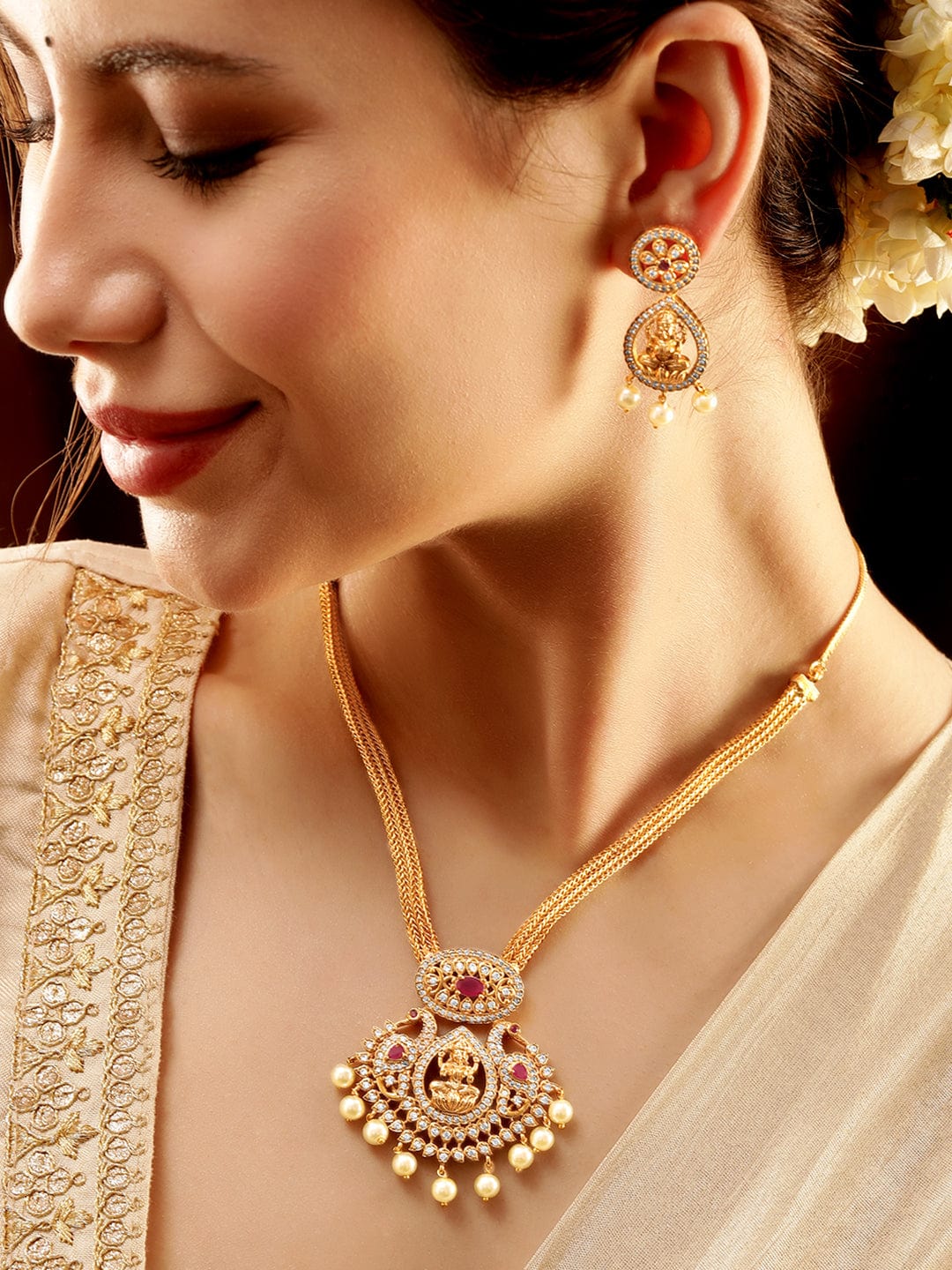 Pearl Temple Necklace Set With American Diamond Zirconia