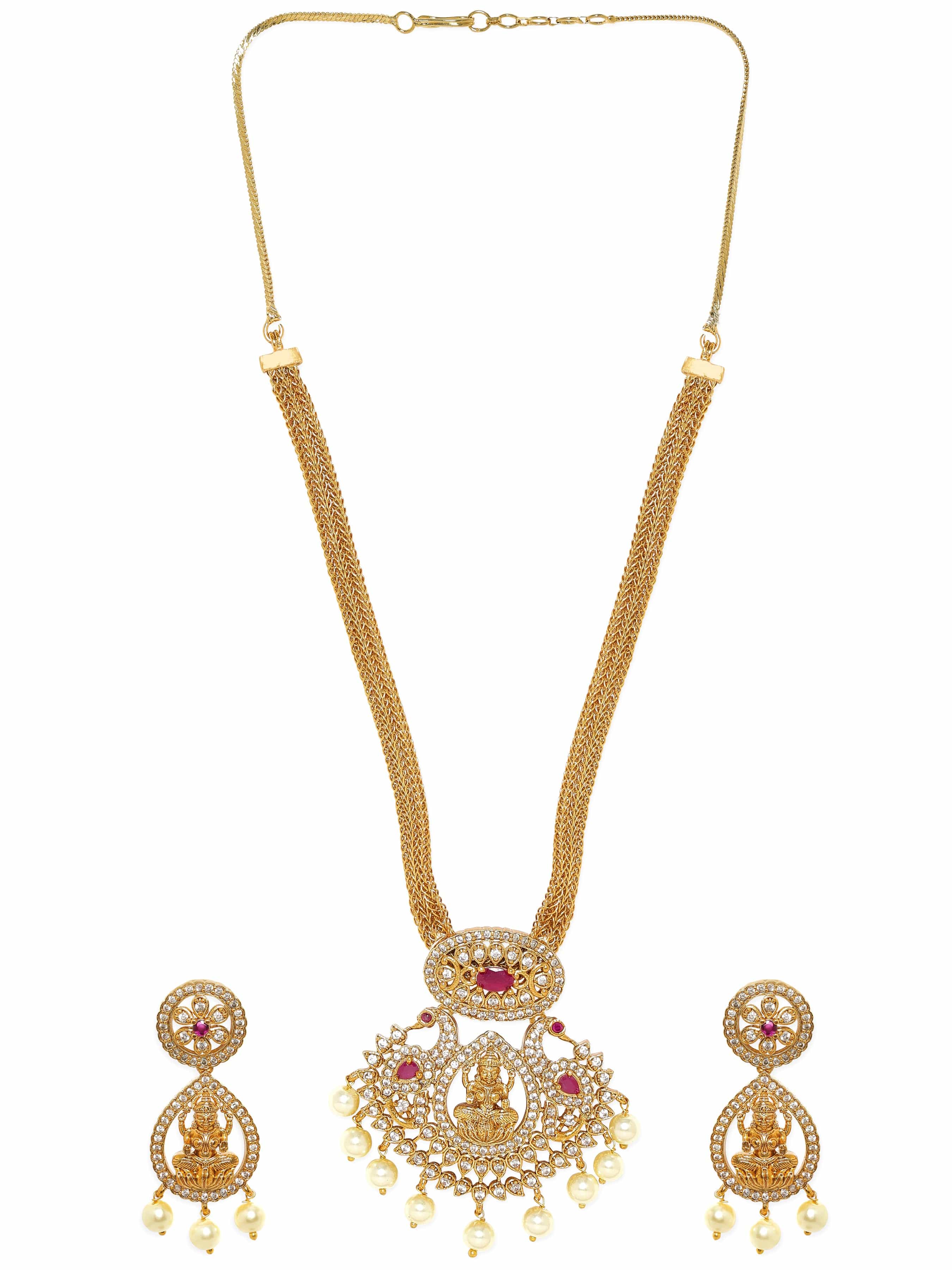 Pearl Temple Necklace Set With American Diamond Zirconia