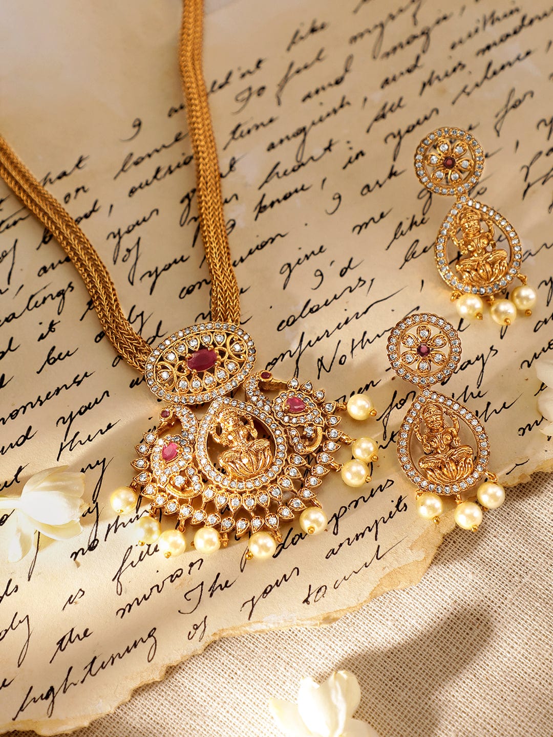 Pearl Temple Necklace Set With American Diamond Zirconia