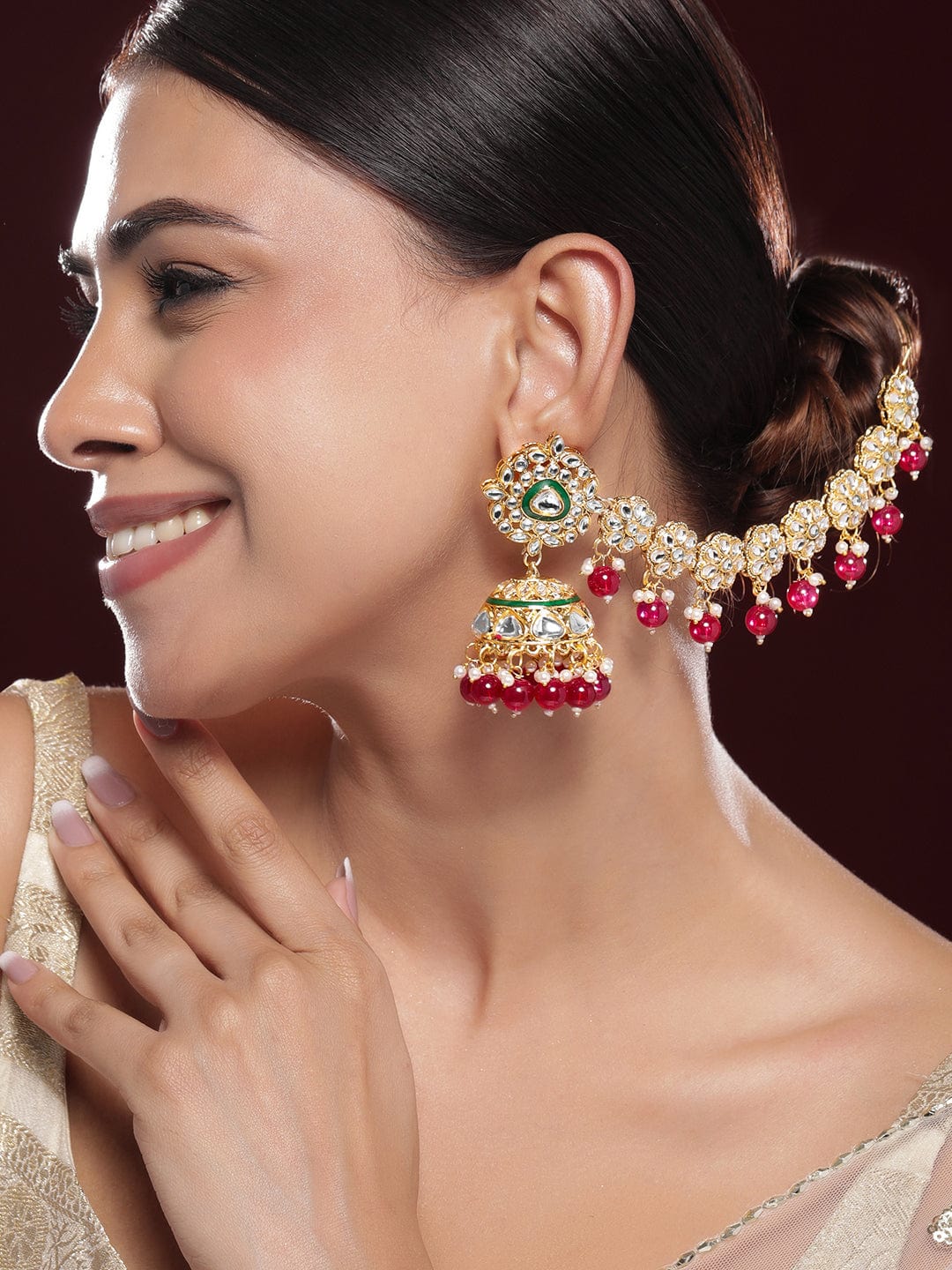 Royal Kaan Chain Kundan Red Jhumka Earrings