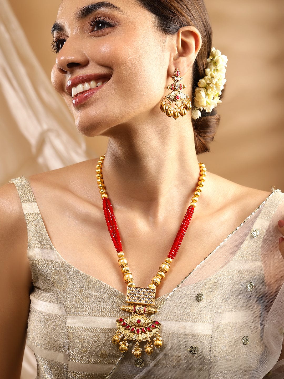 Wentra 22K Gold-Plated Kundan Jewellery Set with Ruby Red Beaded Multistrand & Golden Bead