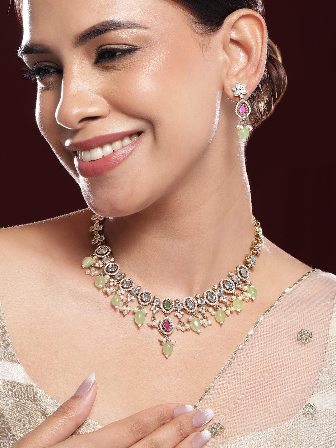 Ruby Studded American Diamond Zirconia Necklace Set