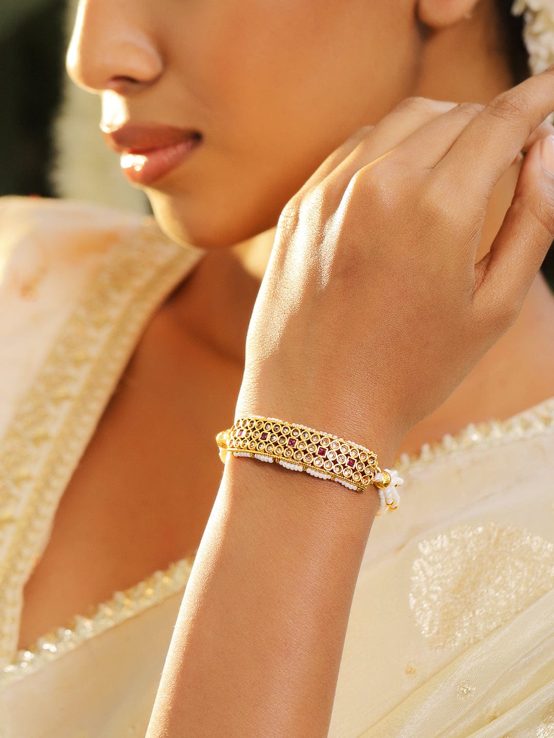 Wentra 22K Gold-Plated Kundan & Ruby Studded Pearl Beaded Handcrafted Traditional Bracelet