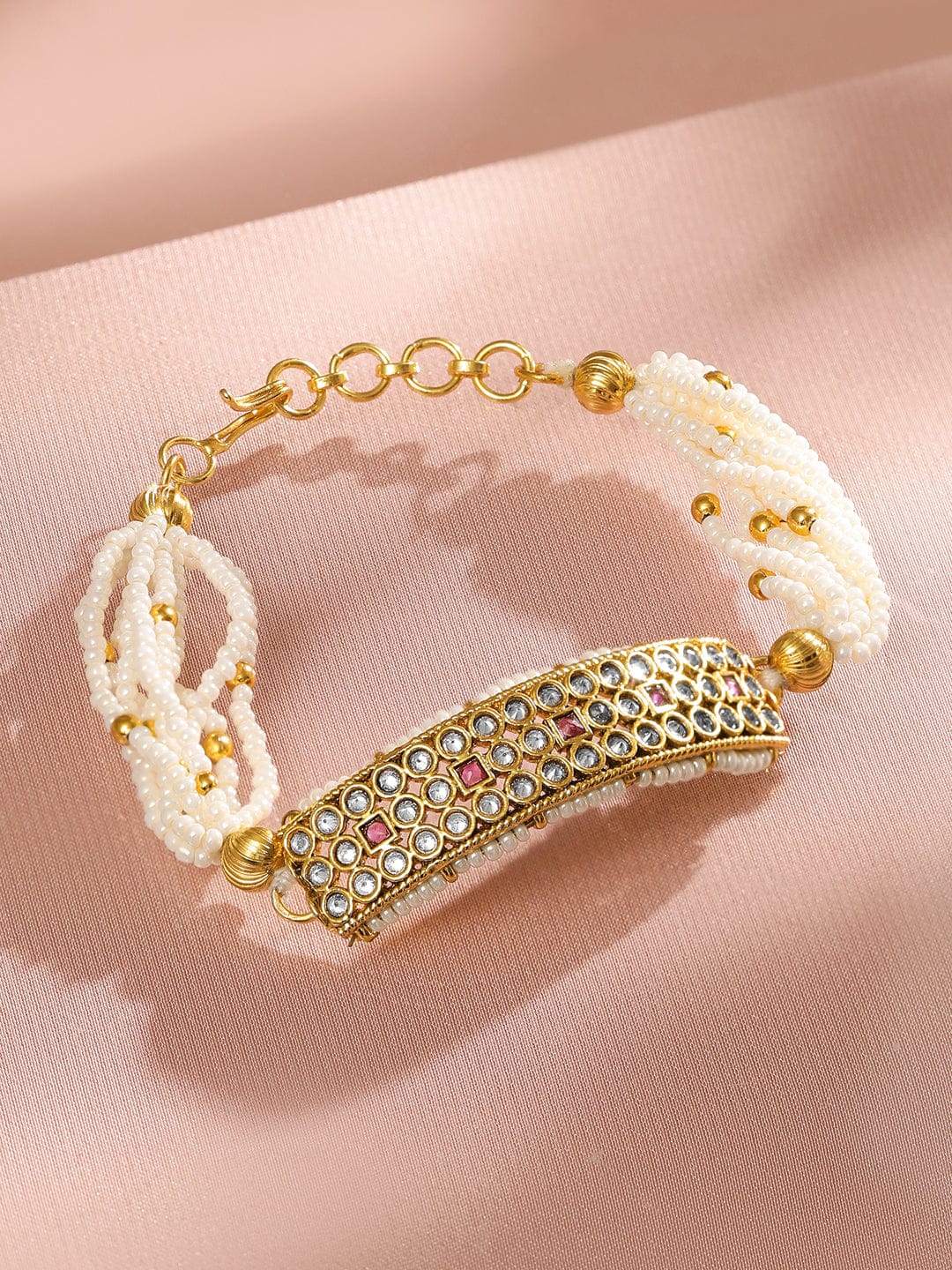 Wentra 22K Gold-Plated Kundan & Ruby Studded Pearl Beaded Handcrafted Traditional Bracelet