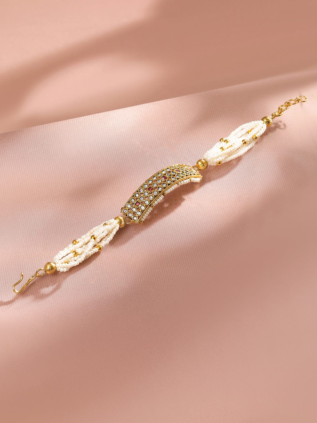 Wentra 22K Gold-Plated Kundan & Ruby Studded Pearl Beaded Handcrafted Traditional Bracelet