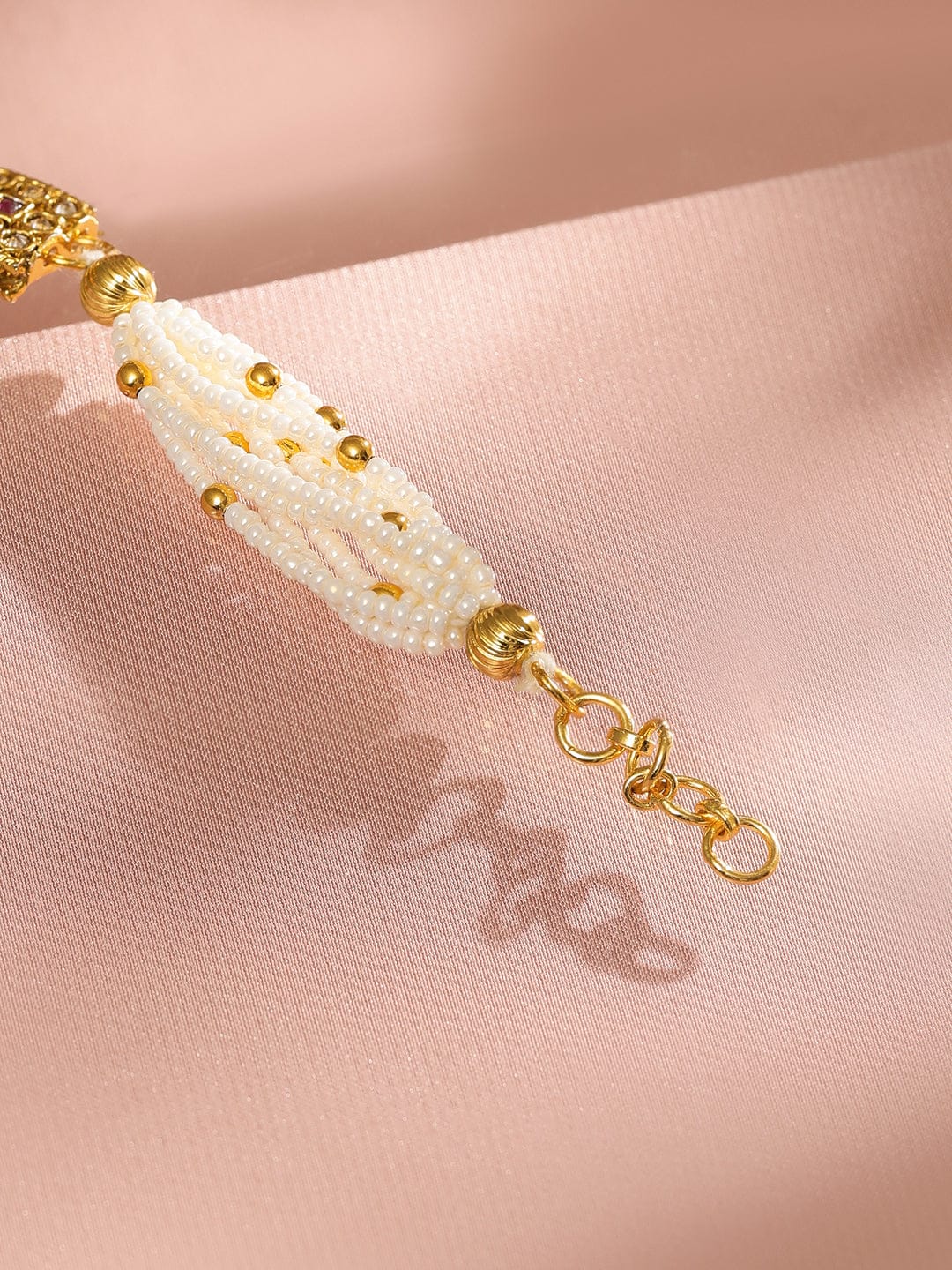 Wentra 22K Gold-Plated Kundan & Ruby Studded Pearl Beaded Handcrafted Traditional Bracelet