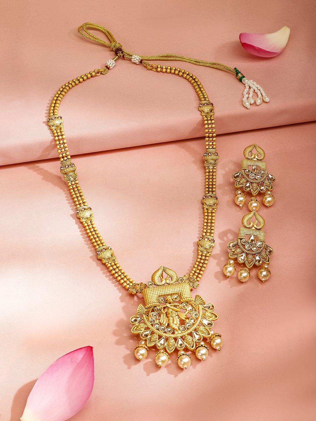 Long Pearl Drop Necklace Set with Krishna Motif