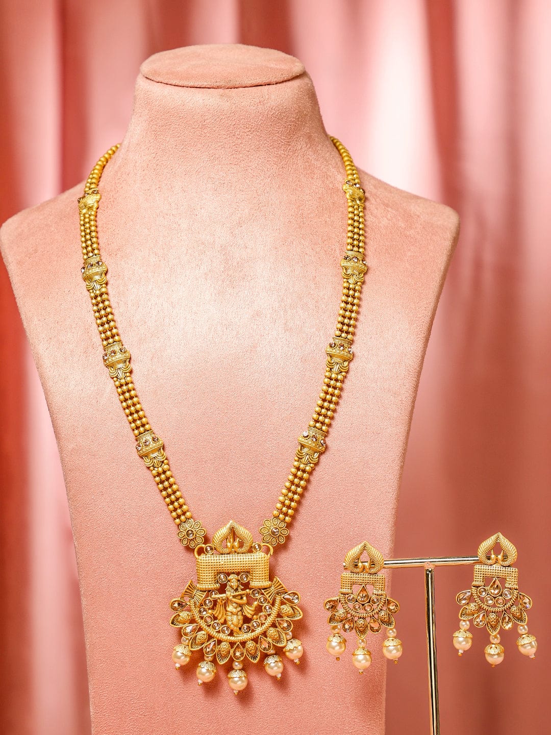 Long Pearl Drop Necklace Set with Krishna Motif