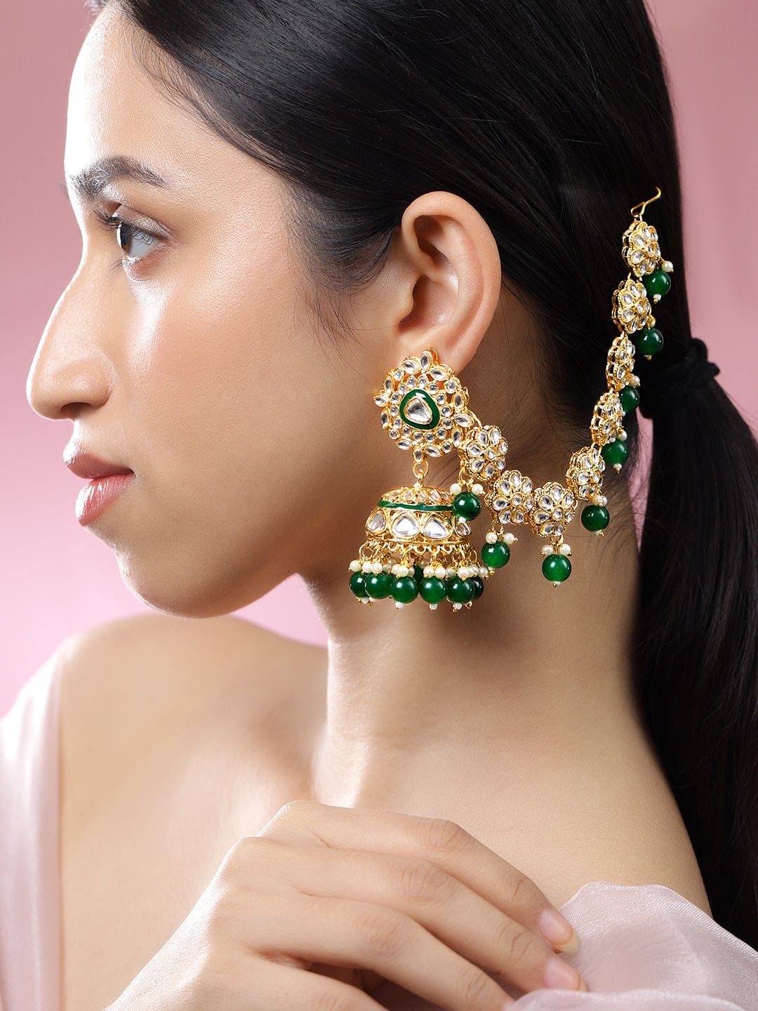 Royal Kaan Chain Kundan Green Jhumka Earrings
