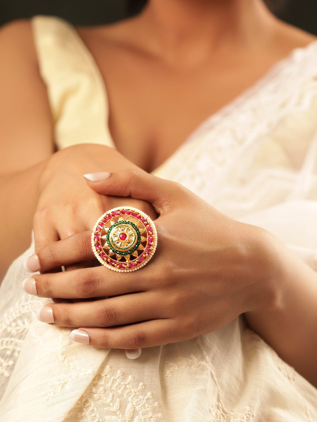 Wentra 22K Gold Plated Kundan Studded Red & Green Crystal with Pearl beaded Handcrafted Adjustable Ring