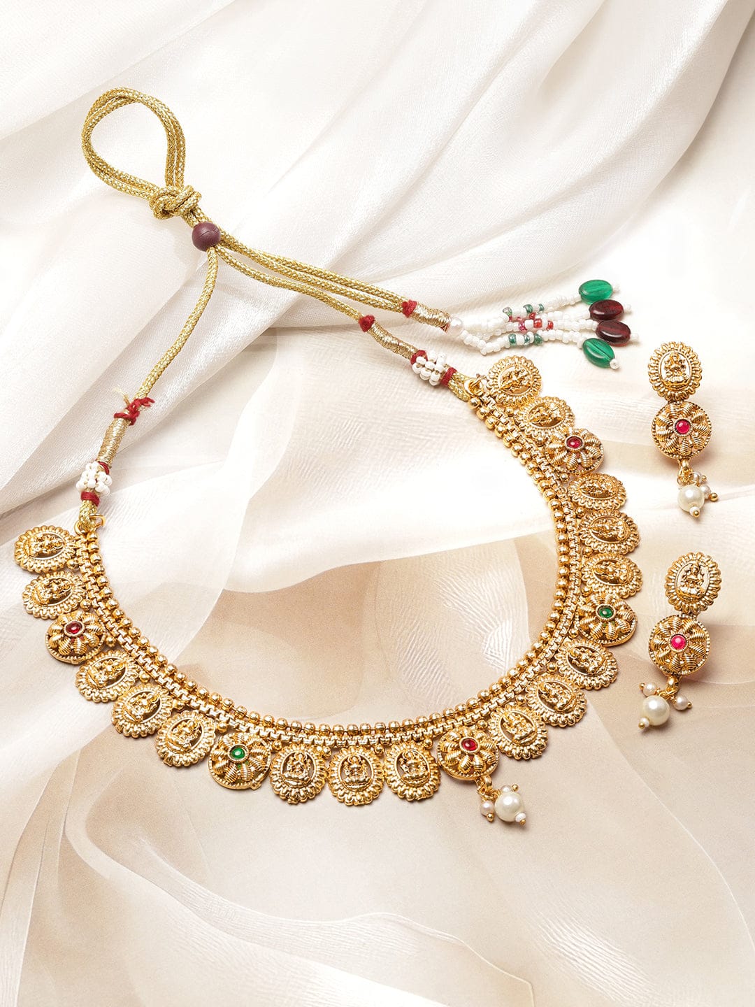 Golden Lakshmi Motif Studded Jewellery Set