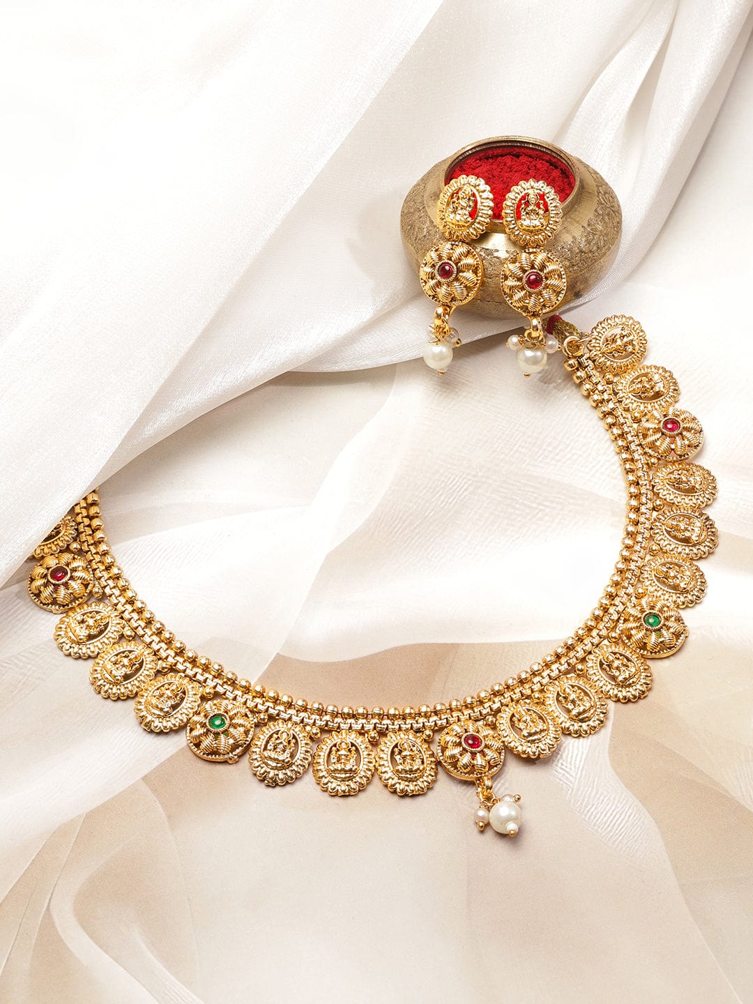Golden Lakshmi Motif Studded Jewellery Set