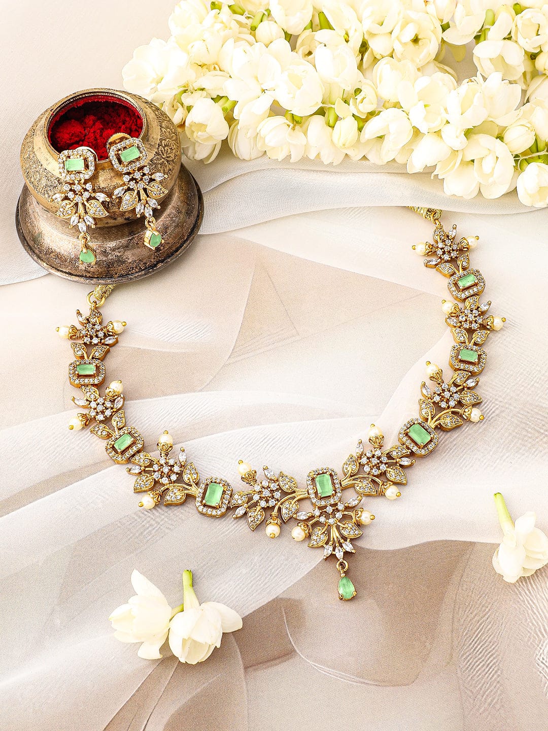 American Diamond Zirconia Green Floral Necklace Set