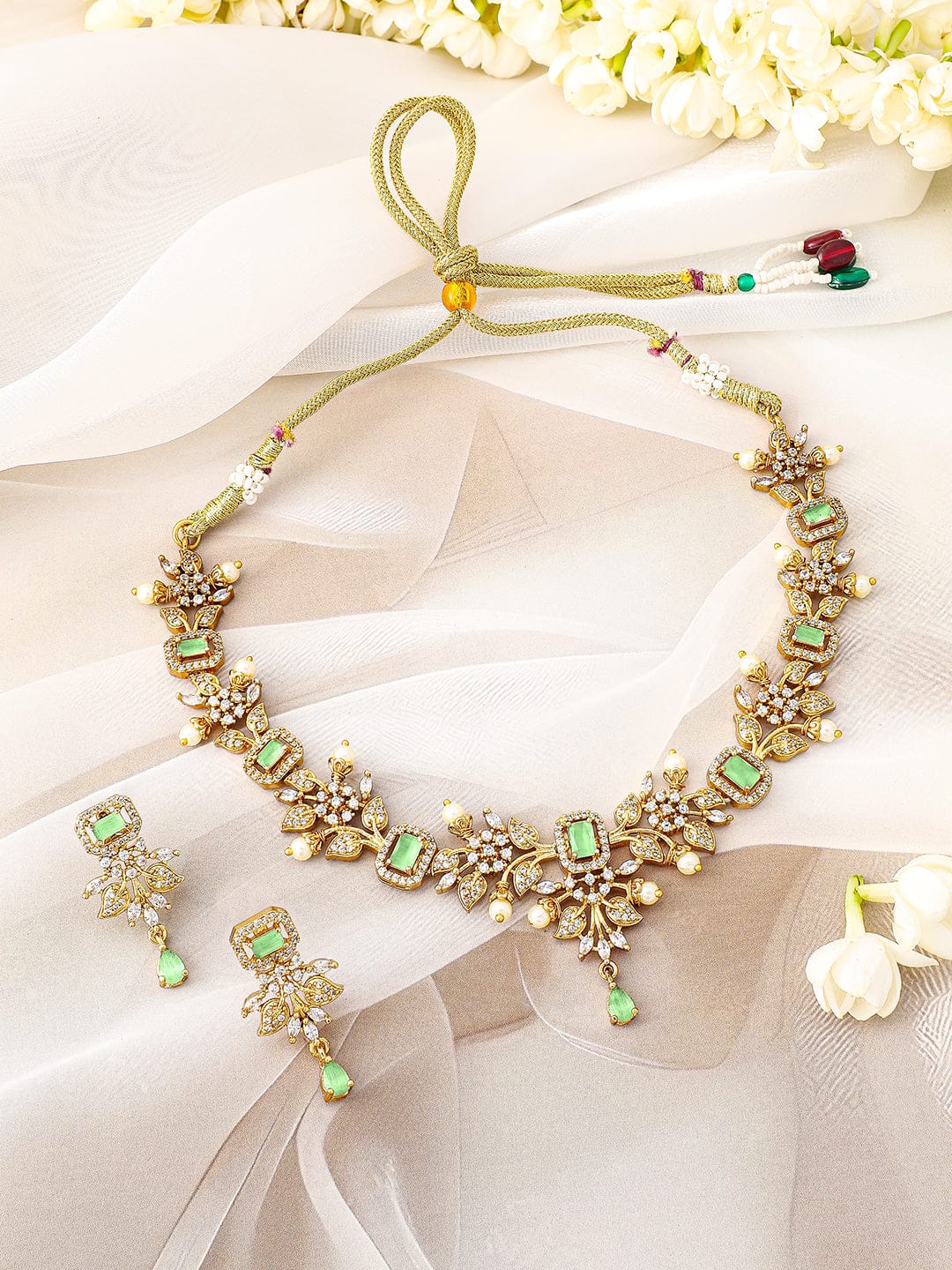 American Diamond Zirconia Green Floral Necklace Set