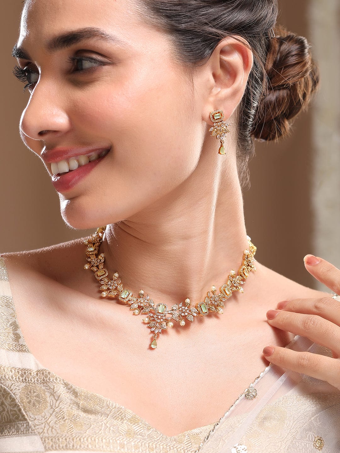 American Diamond Zirconia Green Floral Necklace Set