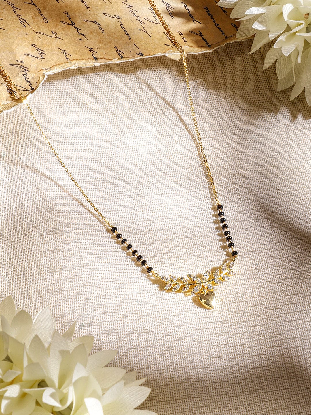 Wentra 22K Gold-Plated Mangalsutra Necklace with Black Beads, Heart-Shaped Pendant & Cubic Zirconia for Women