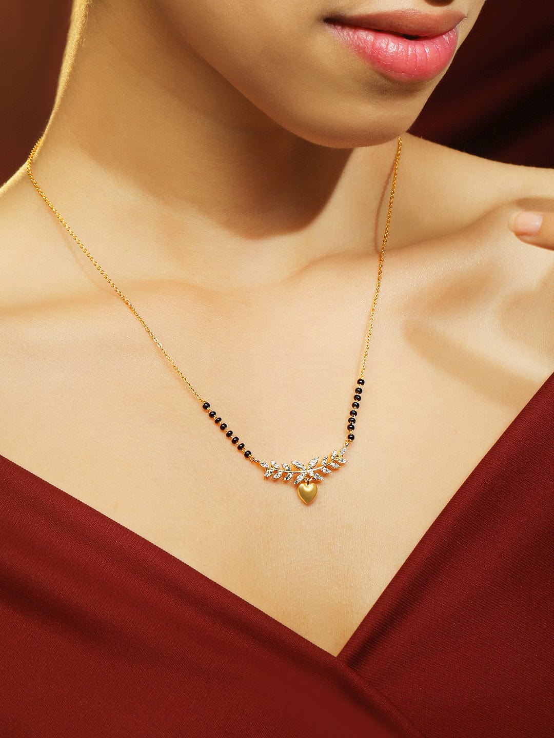Wentra 22K Gold-Plated Mangalsutra Necklace with Black Beads, Heart-Shaped Pendant & Cubic Zirconia for Women