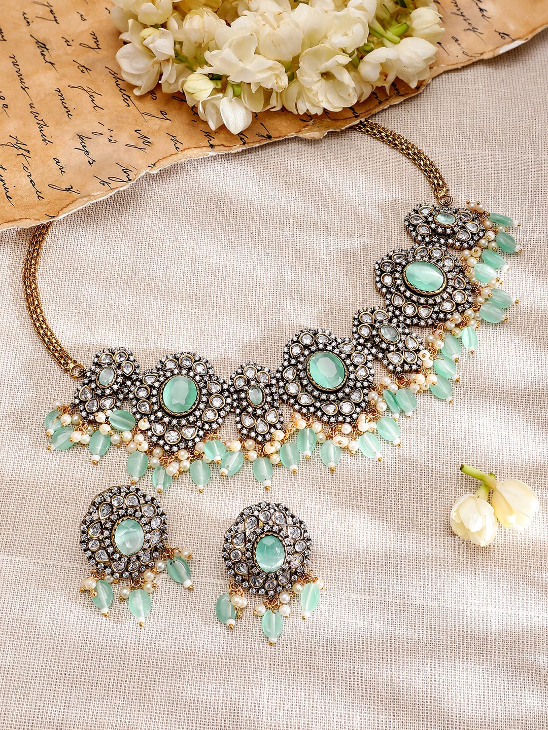 Mint Green American Diamond Zirconia Necklace Set